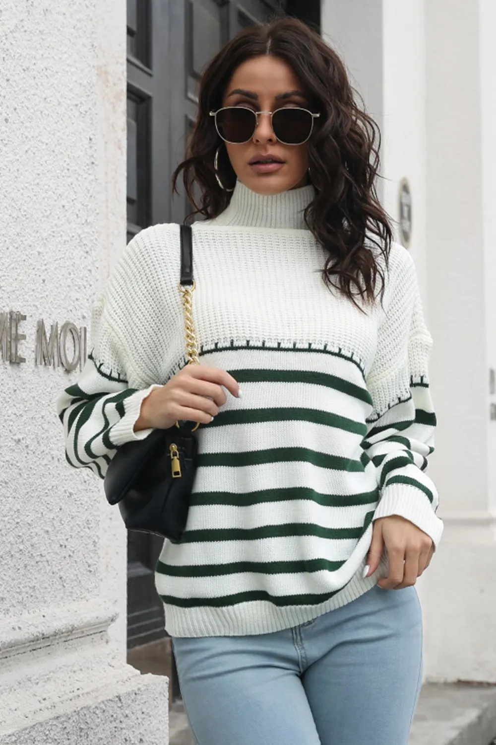 Maxct &Striped Turtleneck Drop Shoulder Sweater