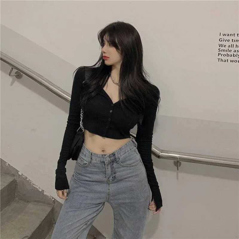 Maxct &Extra Long Sleeves Buttoned Crop Top