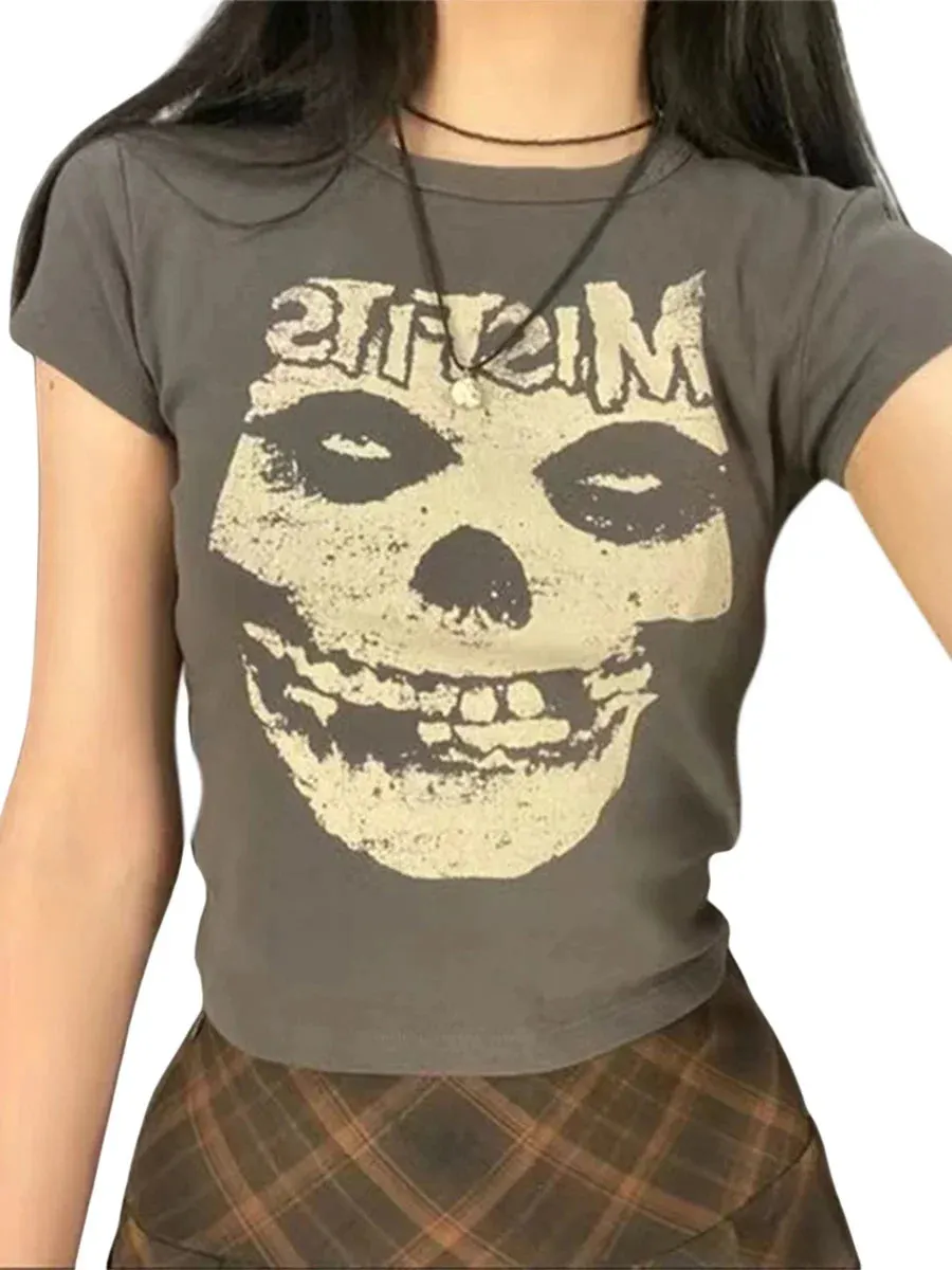 Maxct Punk Style Hip Hop Crop Top Harajuku Skeleton Graphic T-shirt Gothic Grunge Hollow Out Tees Women Vintage Clothes