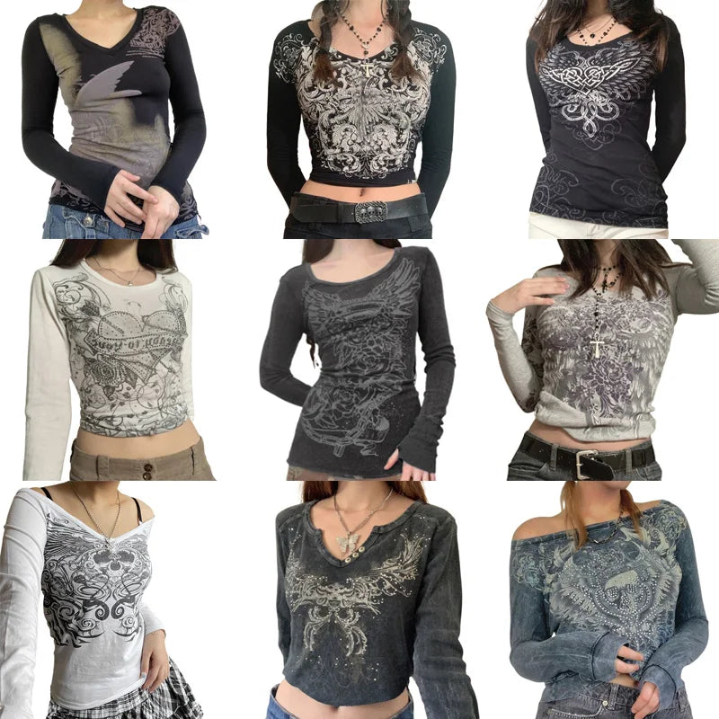 Maxct Graphics Print Y2K Retro T Shirt Indie Aesthetics Mall Goth Sweats Tees Autumn Spring Long Sleeve Crop Tops 90s Vintage Grunge