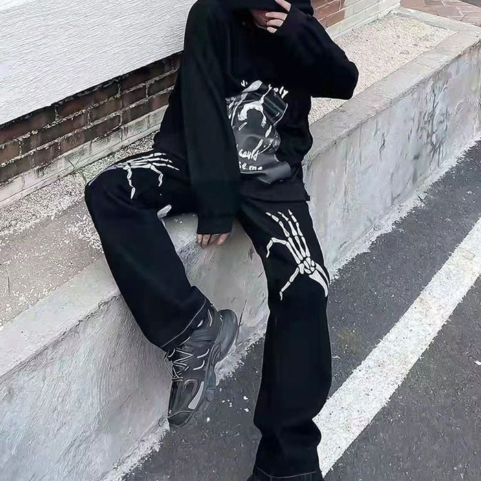 Skeleton Hands Embroidery Jeans Maxct