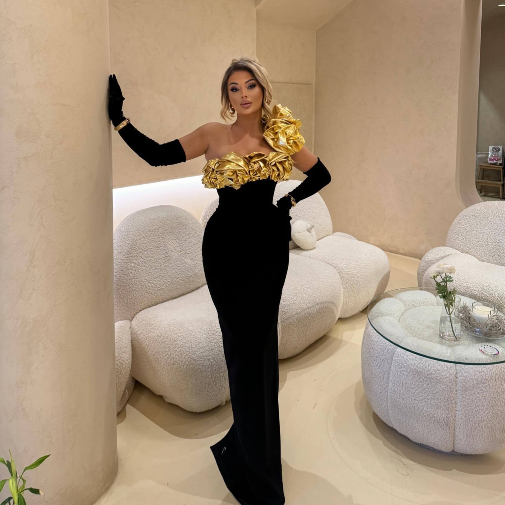 Maxct Cross Border Women Bandage Dress Evening Dress Golden Flower Slant Shoulder Dress High Purple Banquet Bandage Dress