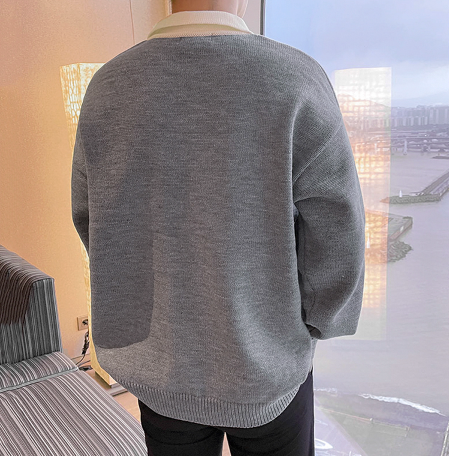Maxct 5517 Knitted Two-Tone Quarter Button-Up Sweater