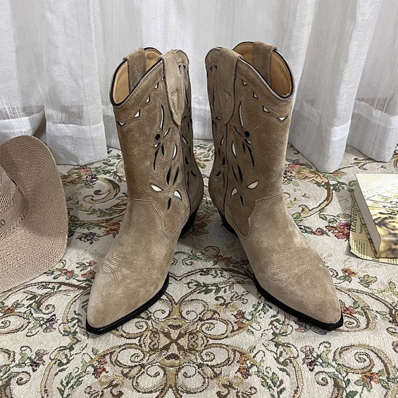 Womens Western Boots Block Heel Cut-Out Cowboy Boots All Genuine Leather Maxct