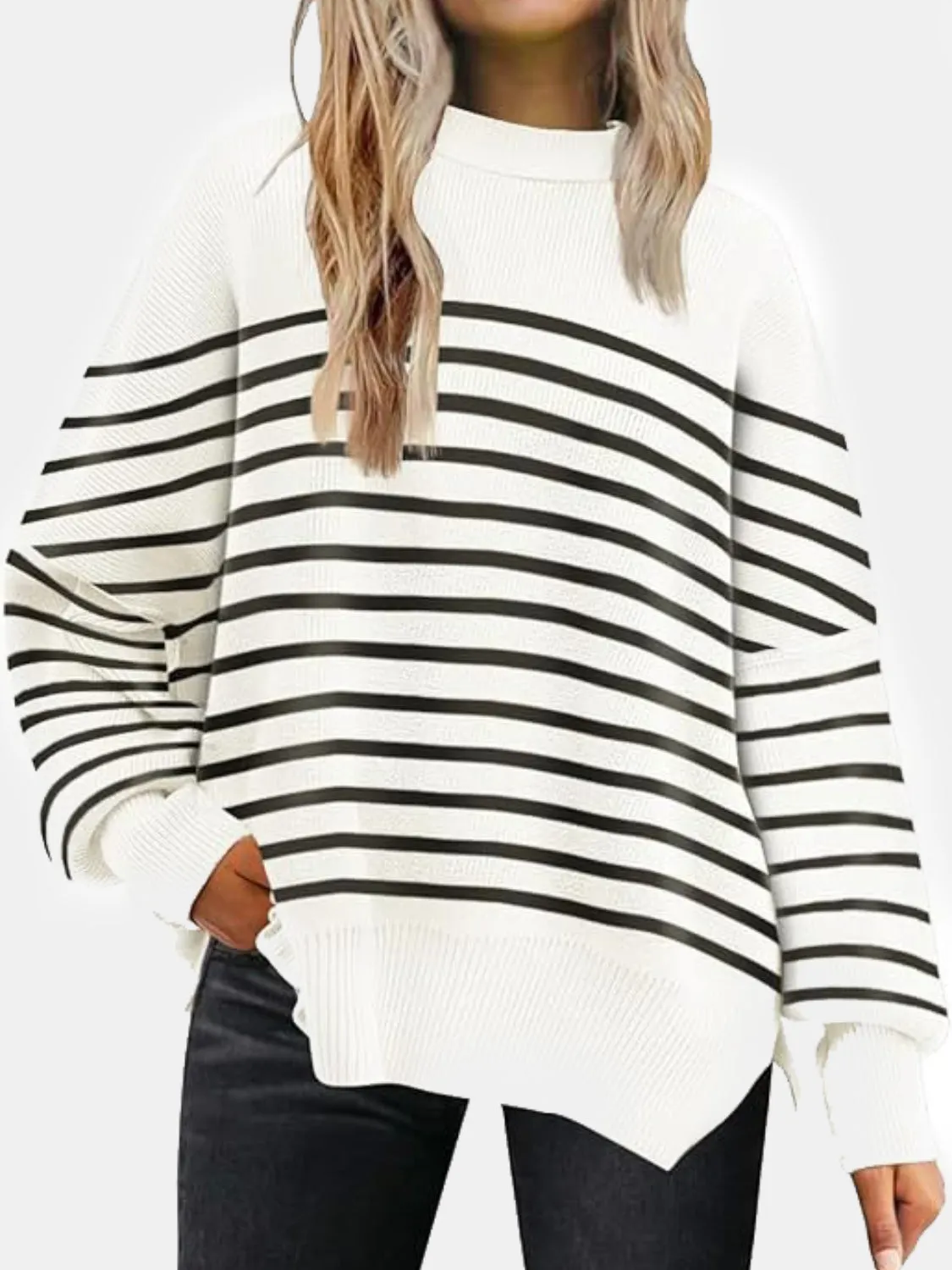 Maxct &Round Neck Drop Shoulder Slit Sweater