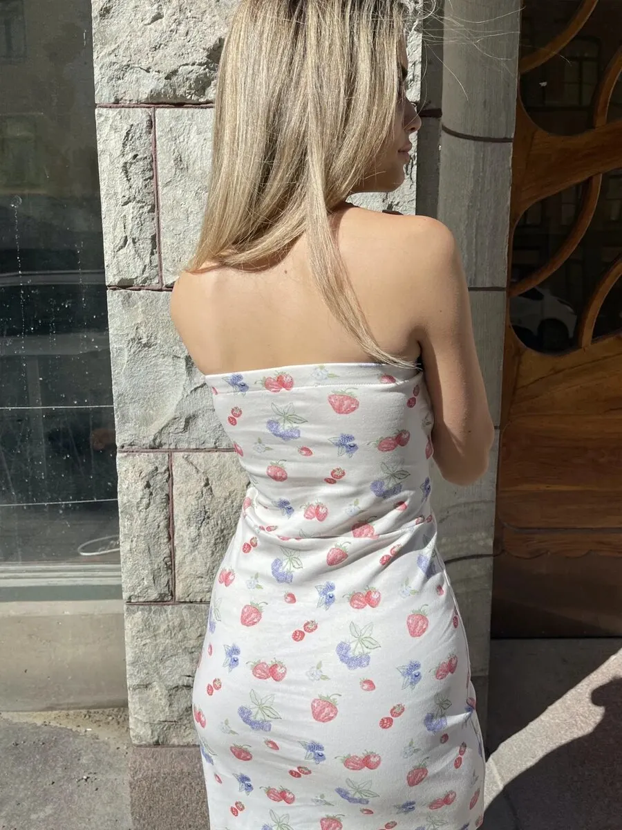 Maxct Womens Y2K Vintage Kawaii Strapless Solid Color/Cherry Print Summer Bandeau Bodycon Short Mini Dress Beach Streetwear