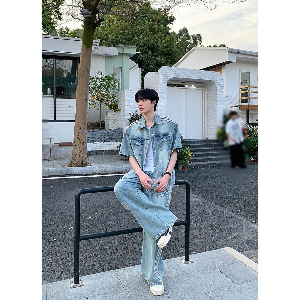 Maxct 90s Streetwear Niche Vintage Washed Padded Shoulder Short Sleeve Denim Shirt Spring And Summer New Korean Style Design Sense Shirt Coat Top