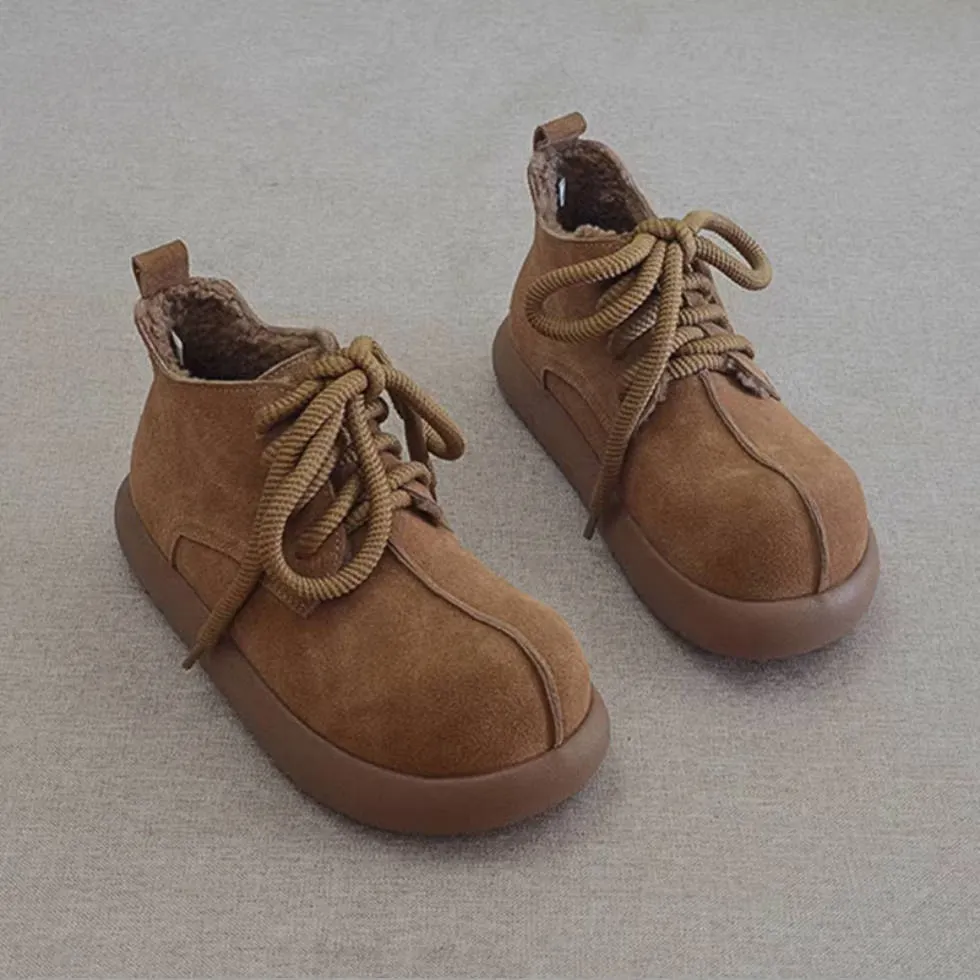 Winter Warm Leather Sueded Wide Toe Plush Lace-Up Boots
