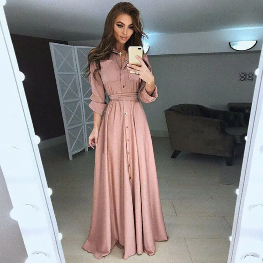 Maxct Shirt Button Down Dress Womens Long Sleeve Formal Long Maxi Evening Party Tunic S-3XL