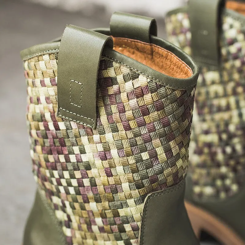 Woven Boots Mid Calf Color Blocking Design Cowgirl Boots Maxct