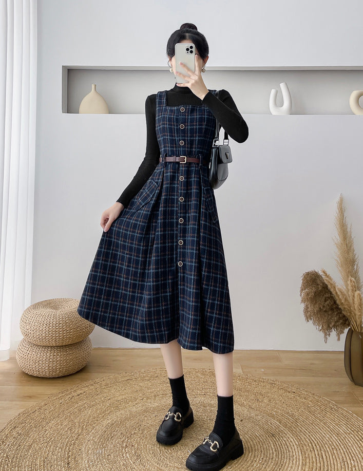 Button Up Plaid Pinafore Dress Maxct