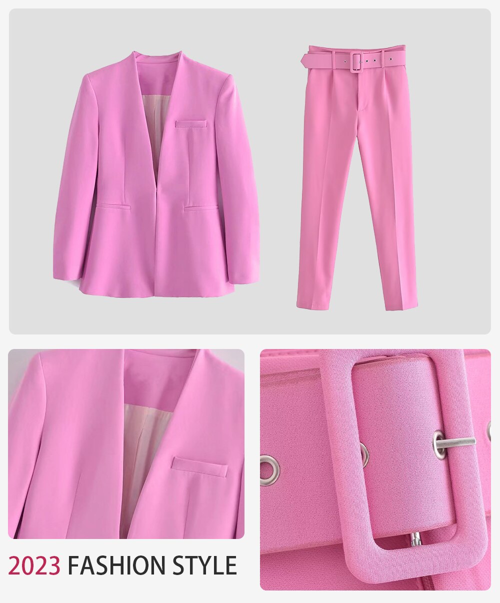 2024 Women Fashion Two Pieces Sets Office Wear Blazers Coat And With Belt High Waist Pants Female