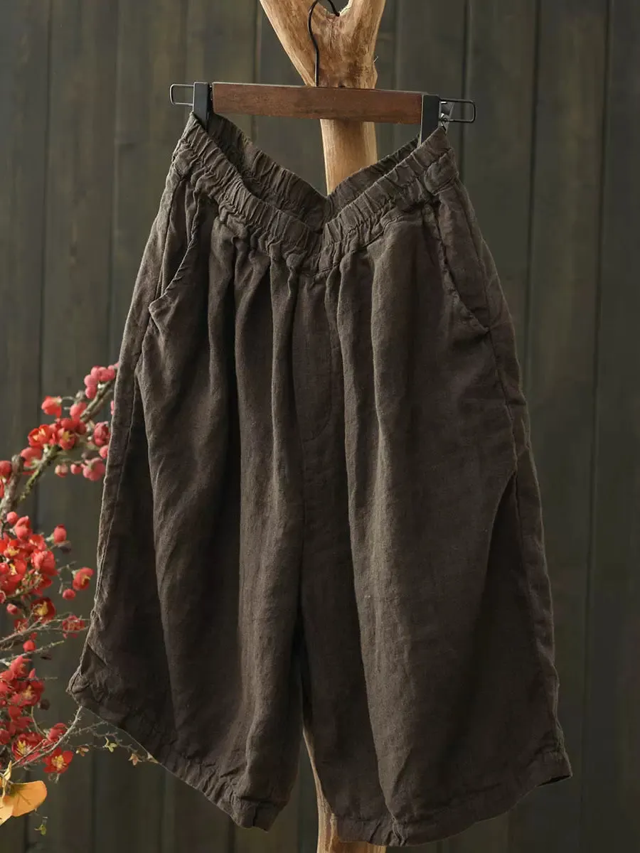 Maxct Women Summer Simple Linen Elastic-Waist Pants