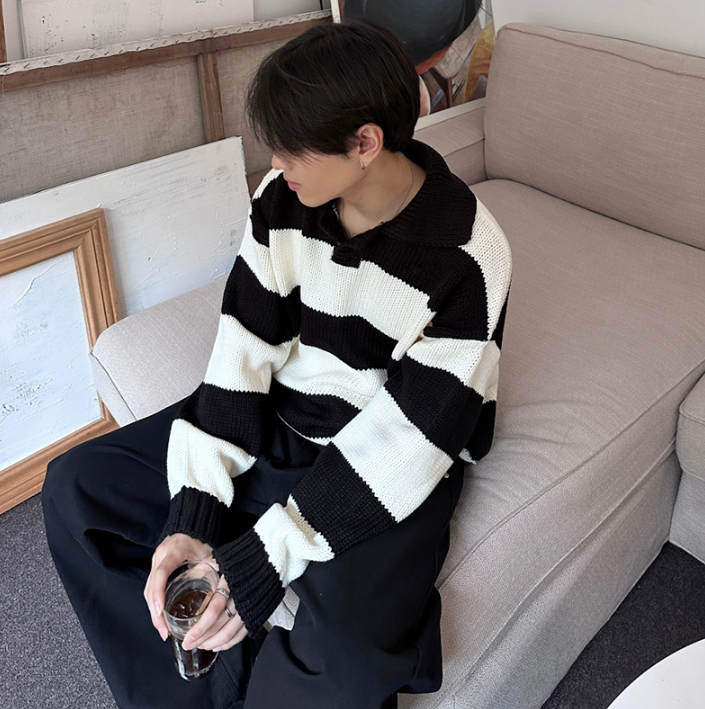 Maxct 6628 Striped Knitted Button-Up Shirt Sweater