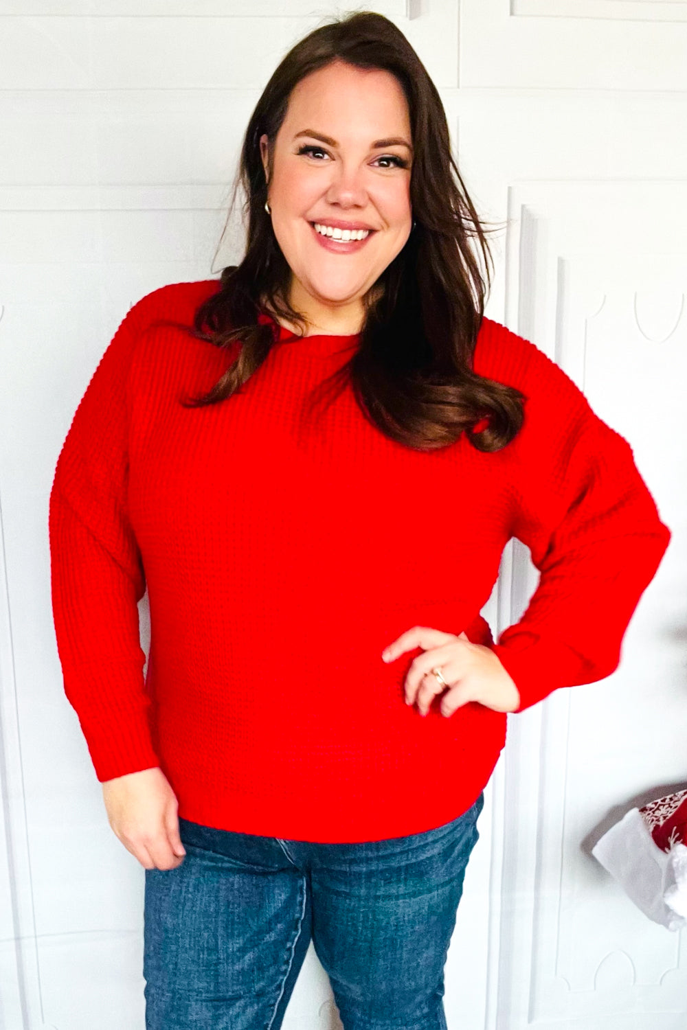 Maxct &All Present Christmas Red Waffle Knit Hi-Low Sweater