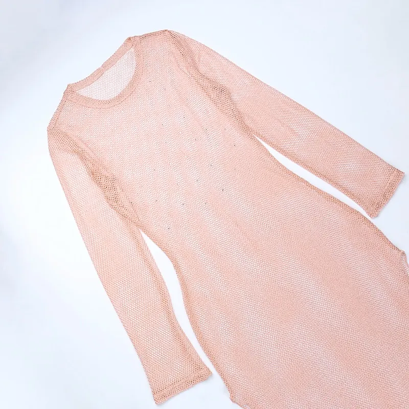 Sexy See Through Sheer Mesh Dress Elegant Solid Color Diamonds Slit Long Sleeves Dresses Party Club Lady Long Vestidos