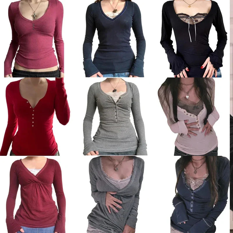 Maxct Y2K Fairy 90s Vintage V Neck Crop Tops Women 00s Retro Cottage Grunge T-shirt Autumn Ribbed Knitted Long Sleeve Slim Fit Tees