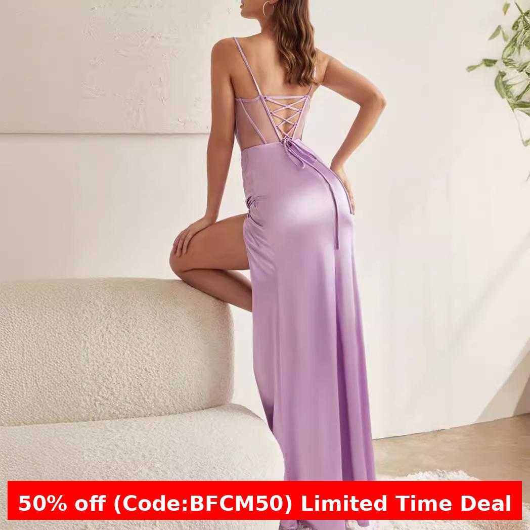 Maxct prom dresses Hot-Selling Solid Color Sling Hollow-out Back Lace-up Fishbone Waist Slit Pleated Dress