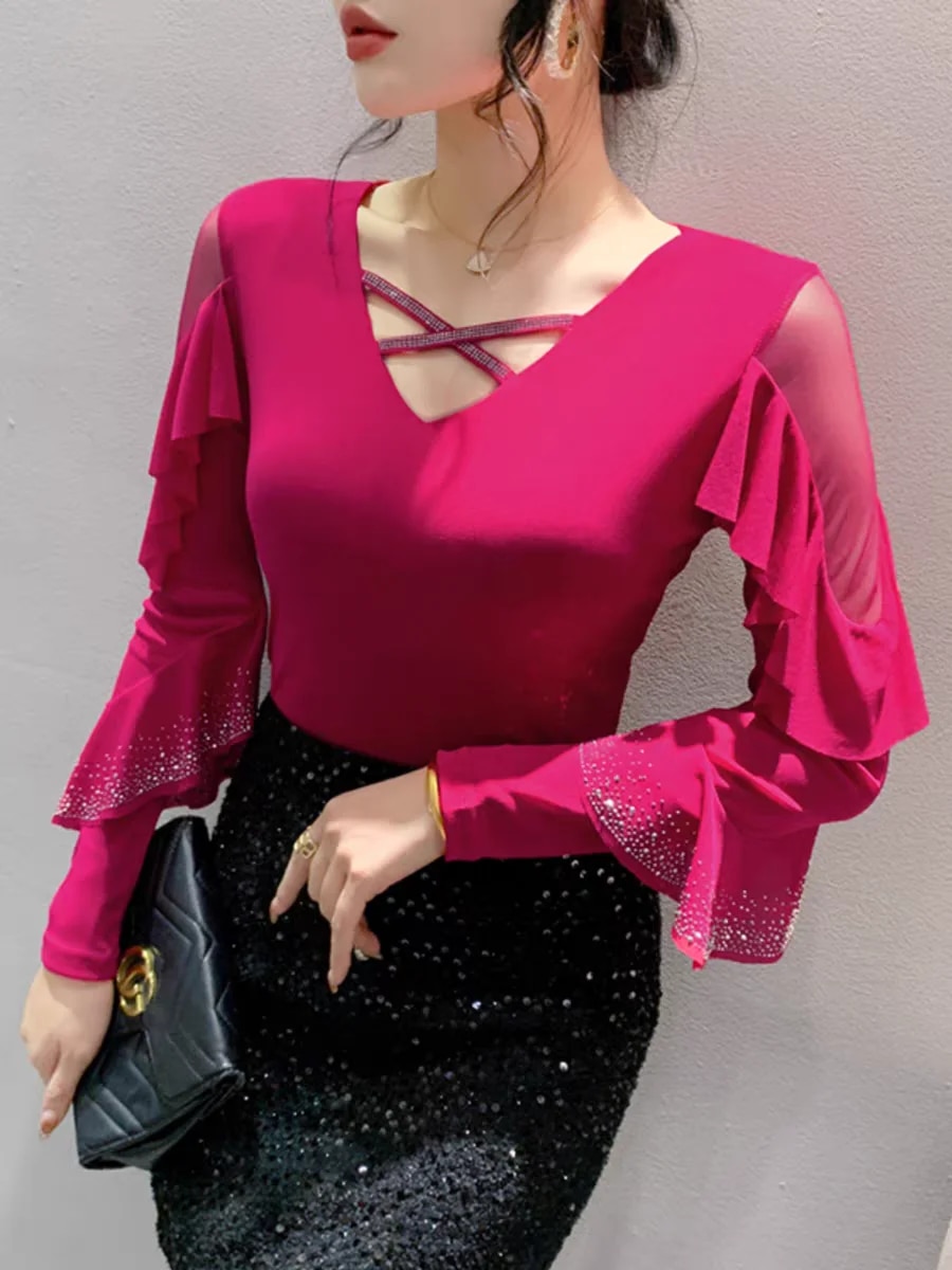 Maxct Spring Summer T-shirts Women V-neck Ruffles Long Sleeve Solid Mesh Elastic Tops Tees Female Fashion Diamonds T Shirt