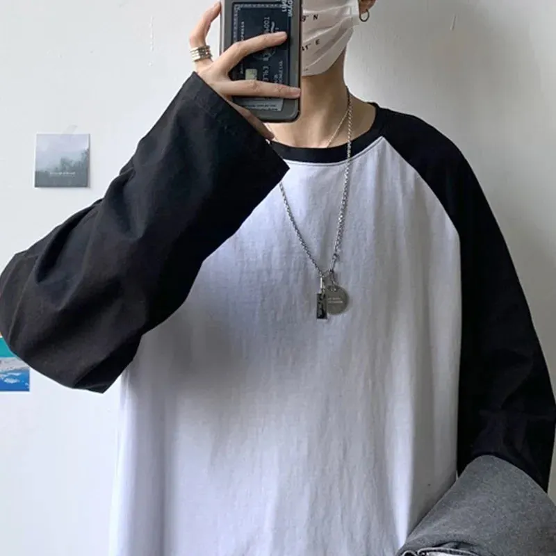 Maxct Oversized T-shirt Round Collar Contrast Color Long Sleeve Tops Women Spring Patchwork Kawaii T Shirts Unisex Streetwear