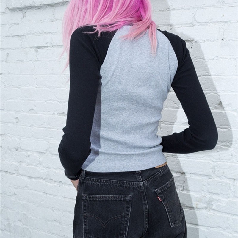 90s Vintage Grunge T-shirt Y2K Retro Cute Crop Top Autumn Contrast Patchwork Long Sleeve Slim Basic Sweats Tees Simple Clothes