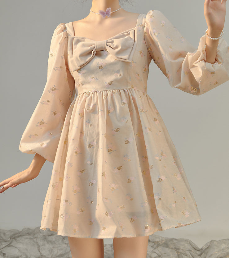 Puff Sleeve Bow Floral Jacquard Dress Maxct
