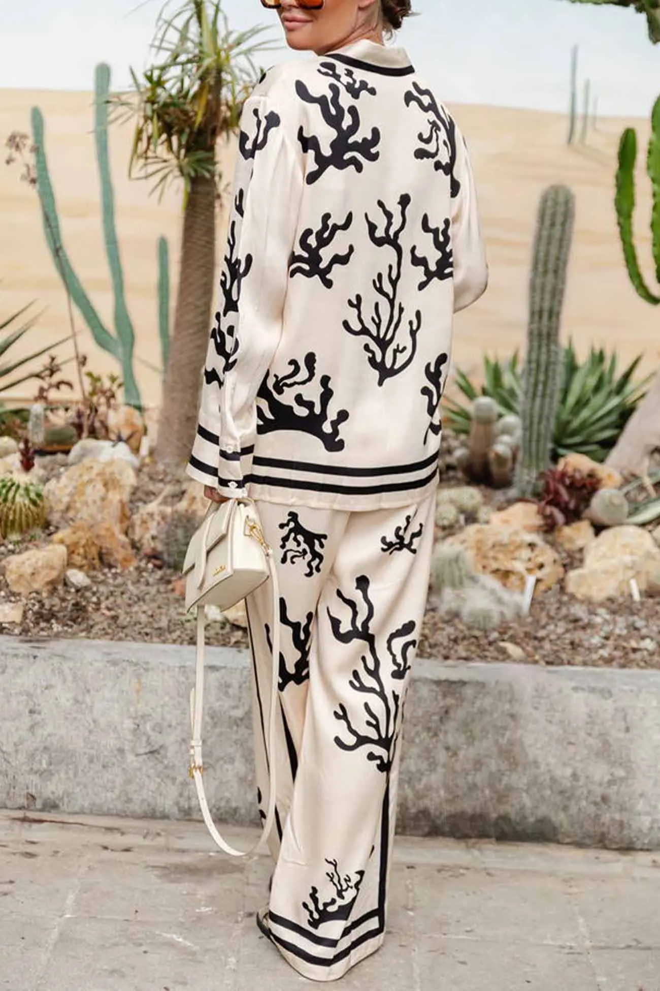 Maxct Satin Contrast Printed Button Long Pants Set