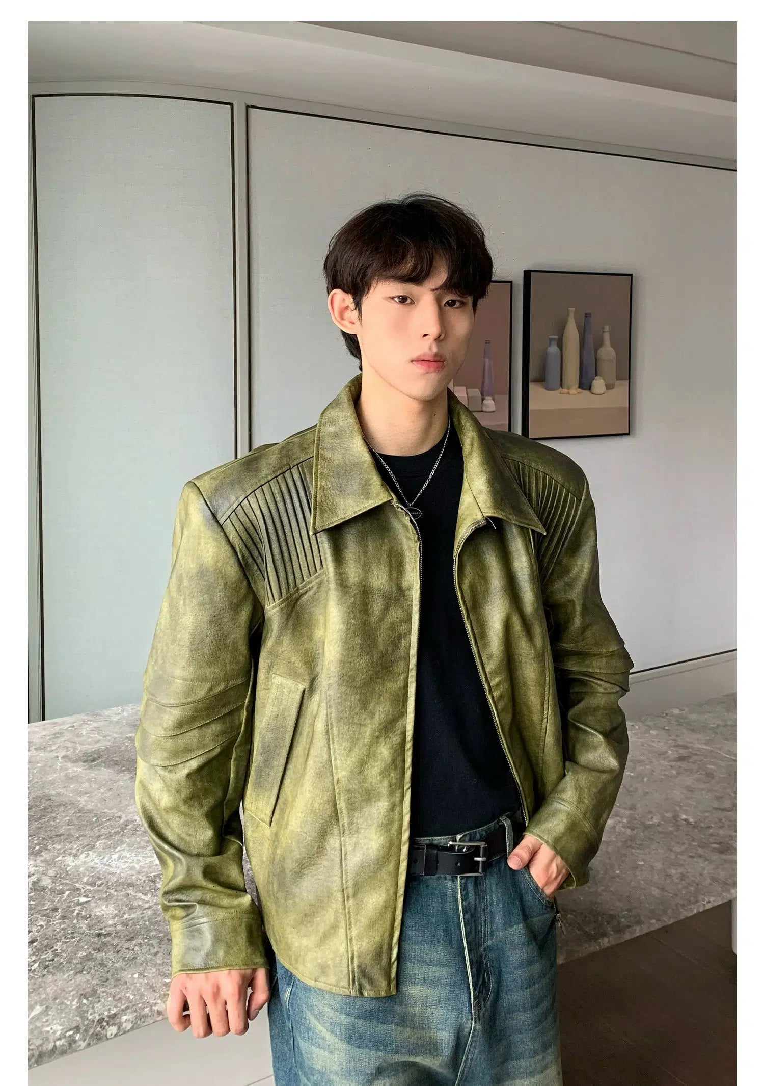 Maxct Short PU Leather Jacket with Shoulder Pads