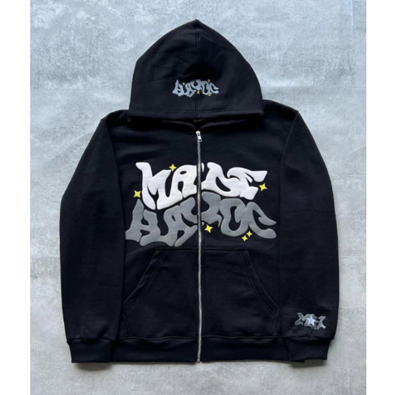 Maxct Y2K Zip Up Hoodie Harajuku Men Letter Graphic Printing Oversized Hoodie Sweatshirt Punk Rock Gothic Clothes Tops Streetwear
