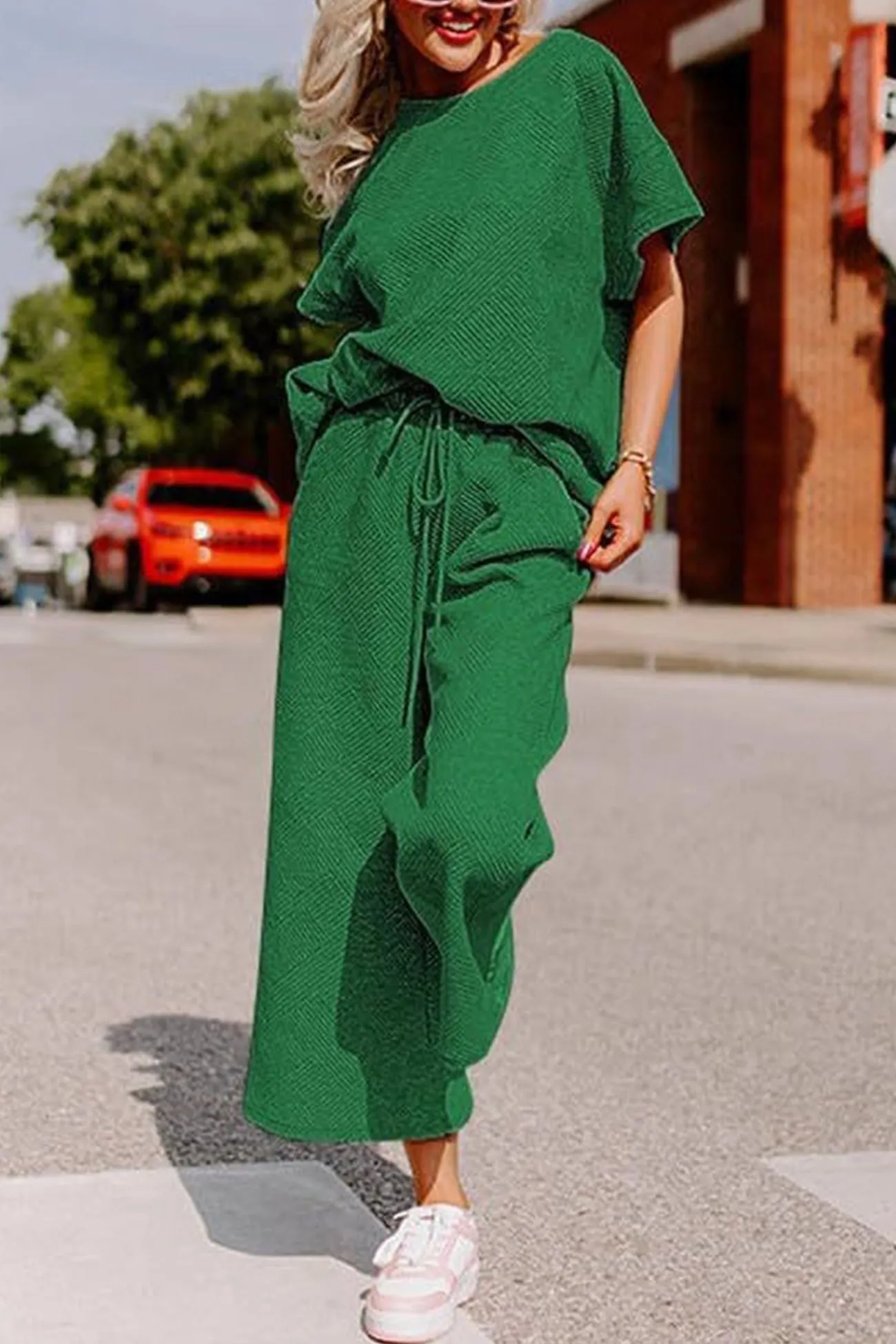 Maxct Solid Textured T-shirt Long Pants Set