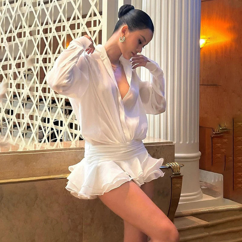 Maxct New Chiffon Mini Dress Women's Ruffled Splice Pleated Dress Mesh See-through Loose Oversized Shirt Dress Cover-Up Clothes
