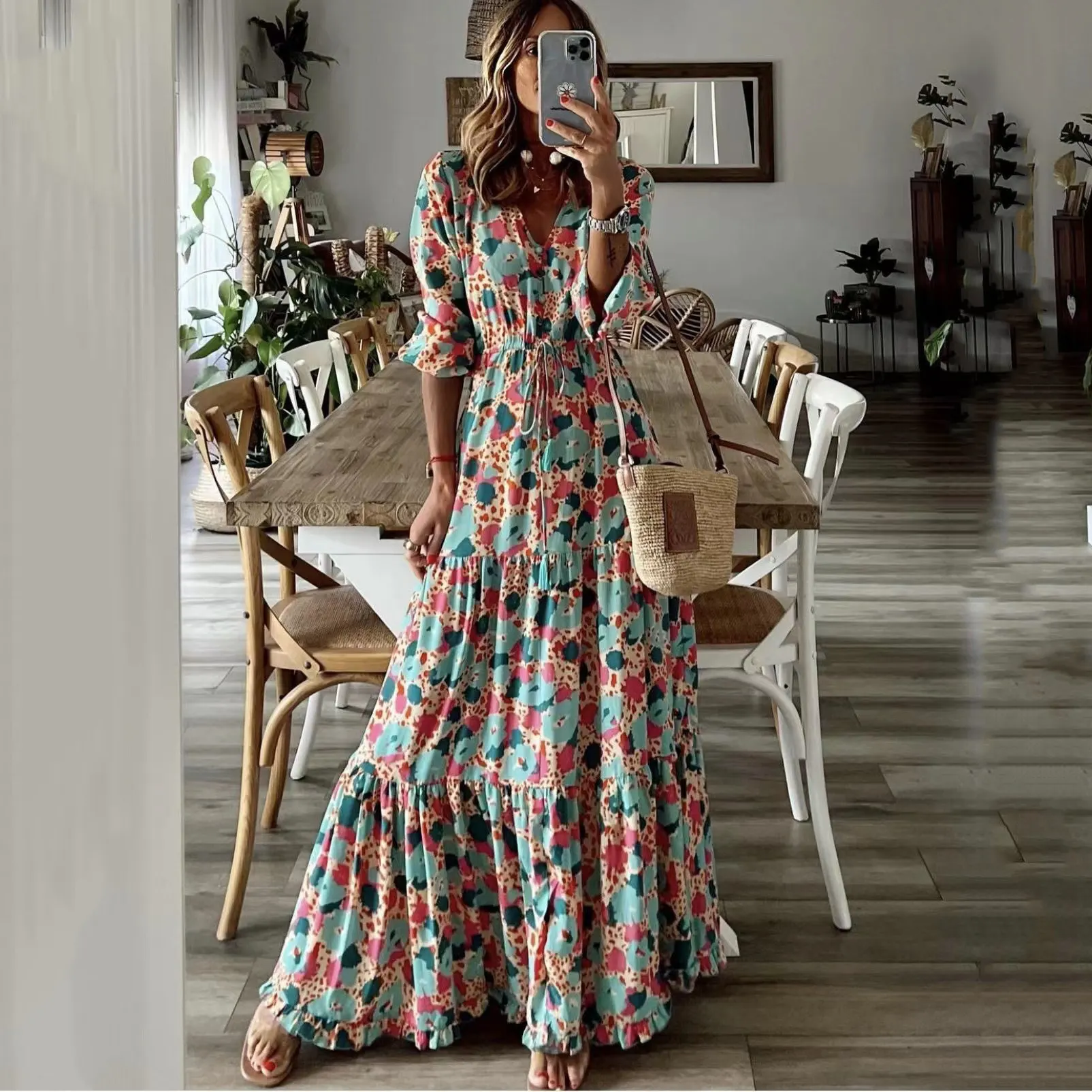 Maxct Maxct Summer New Women's Wear Temperament Holiday V Collar Print Large Place Long Dress