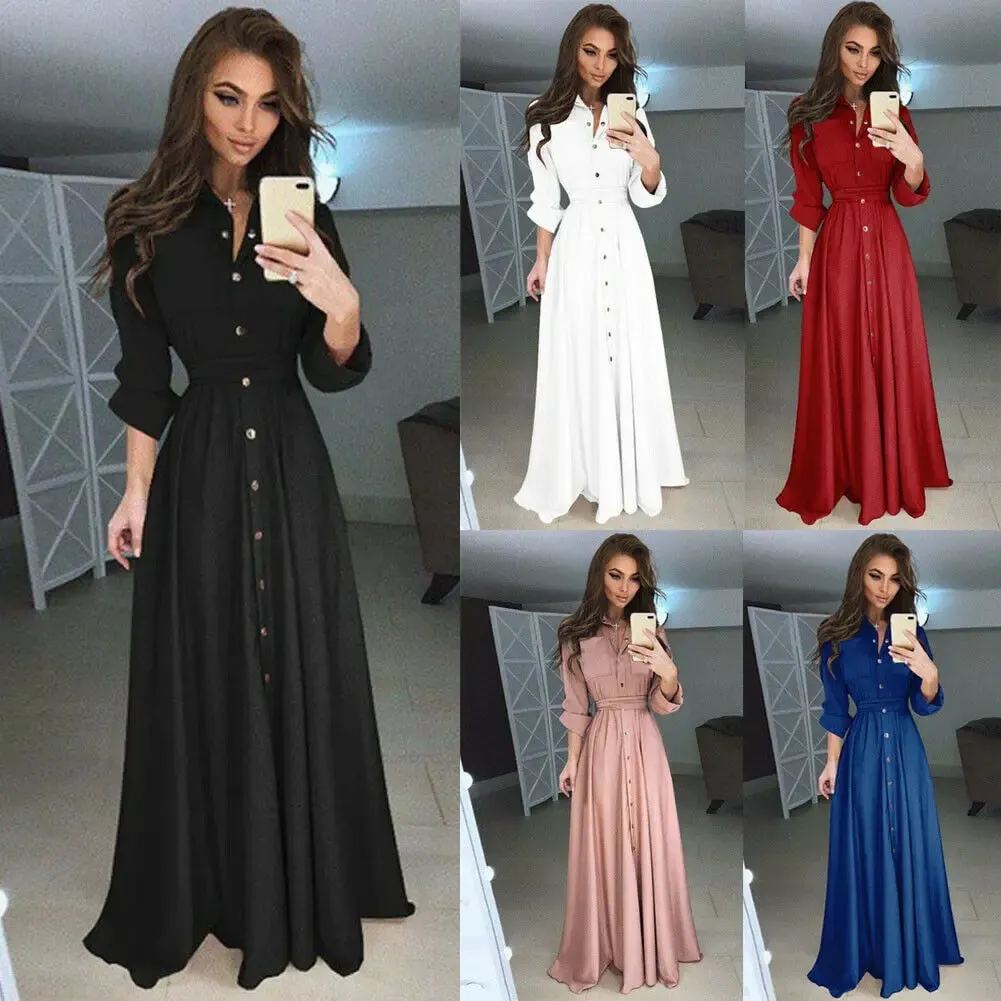 Maxct Shirt Button Down Dress Womens Long Sleeve Formal Long Maxi Evening Party Tunic S-3XL