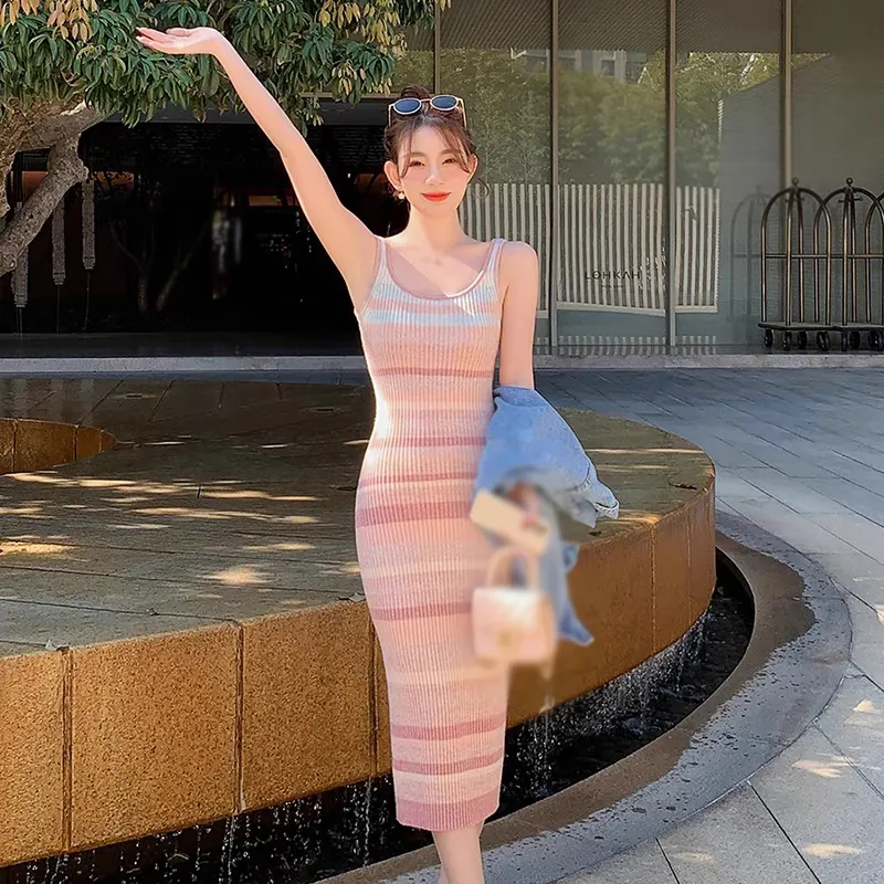 Maxct Sweet Women Rainbow Stripe Dress Knitted Slim Fit Short Wrapped Hip Dress