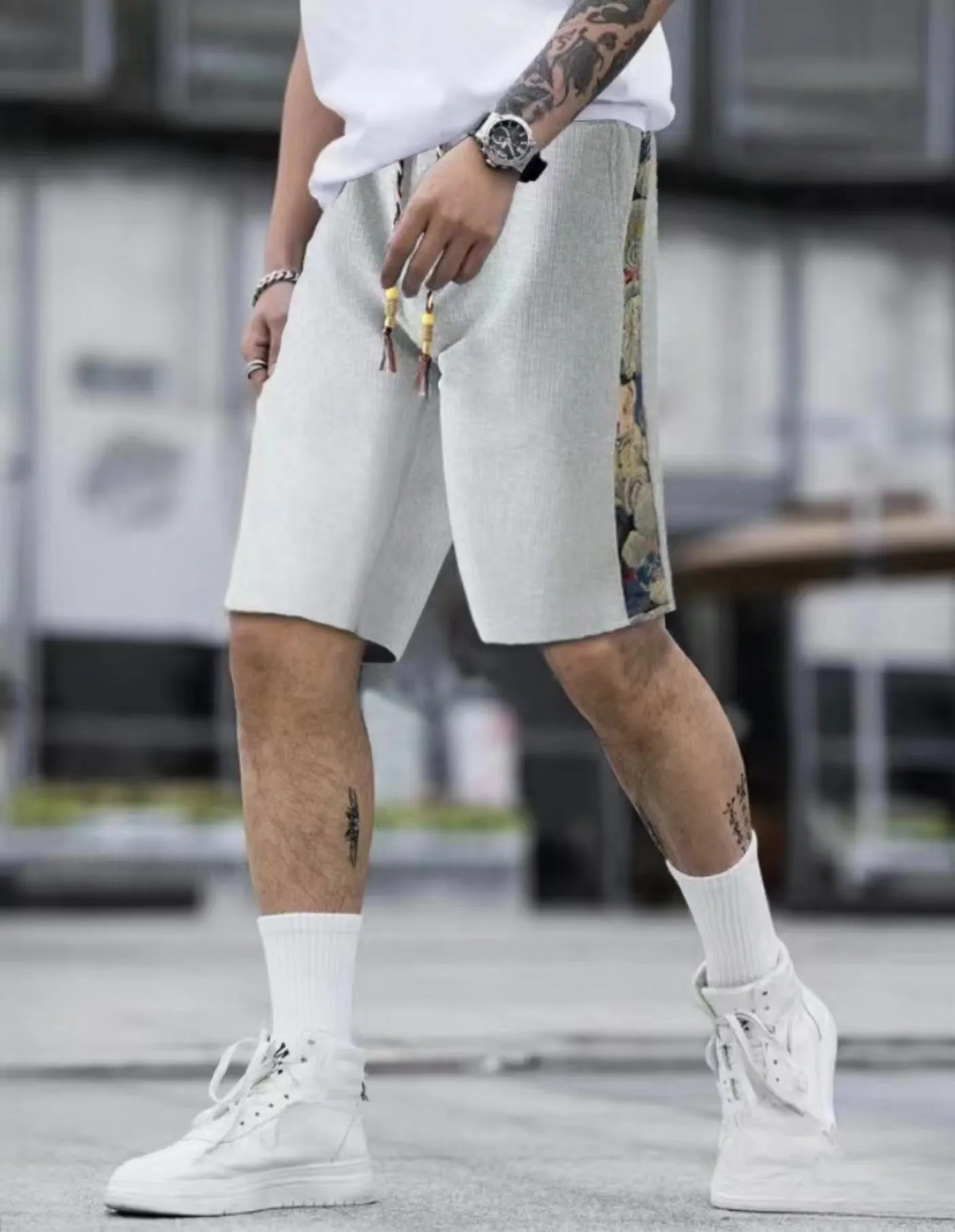 Maxct summer sweatpants boys loose and versatile outerwear sweatpants ins bear splicing five-point pants tide