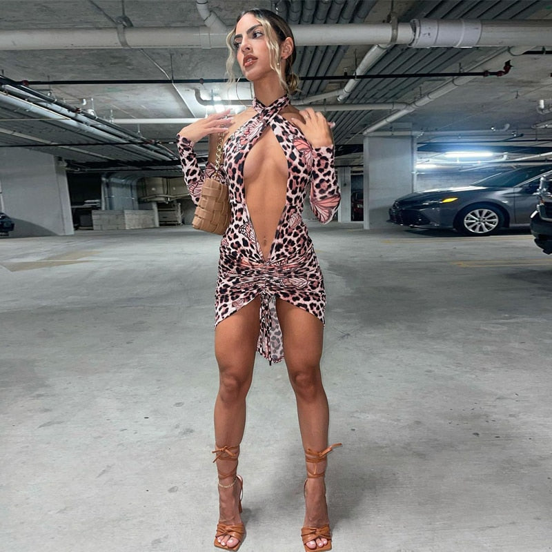 Voguable outfits Long Removable Sleeves Backless Butterfly Print Hollow Out Dress Fall Streetwear Y2K Maxct