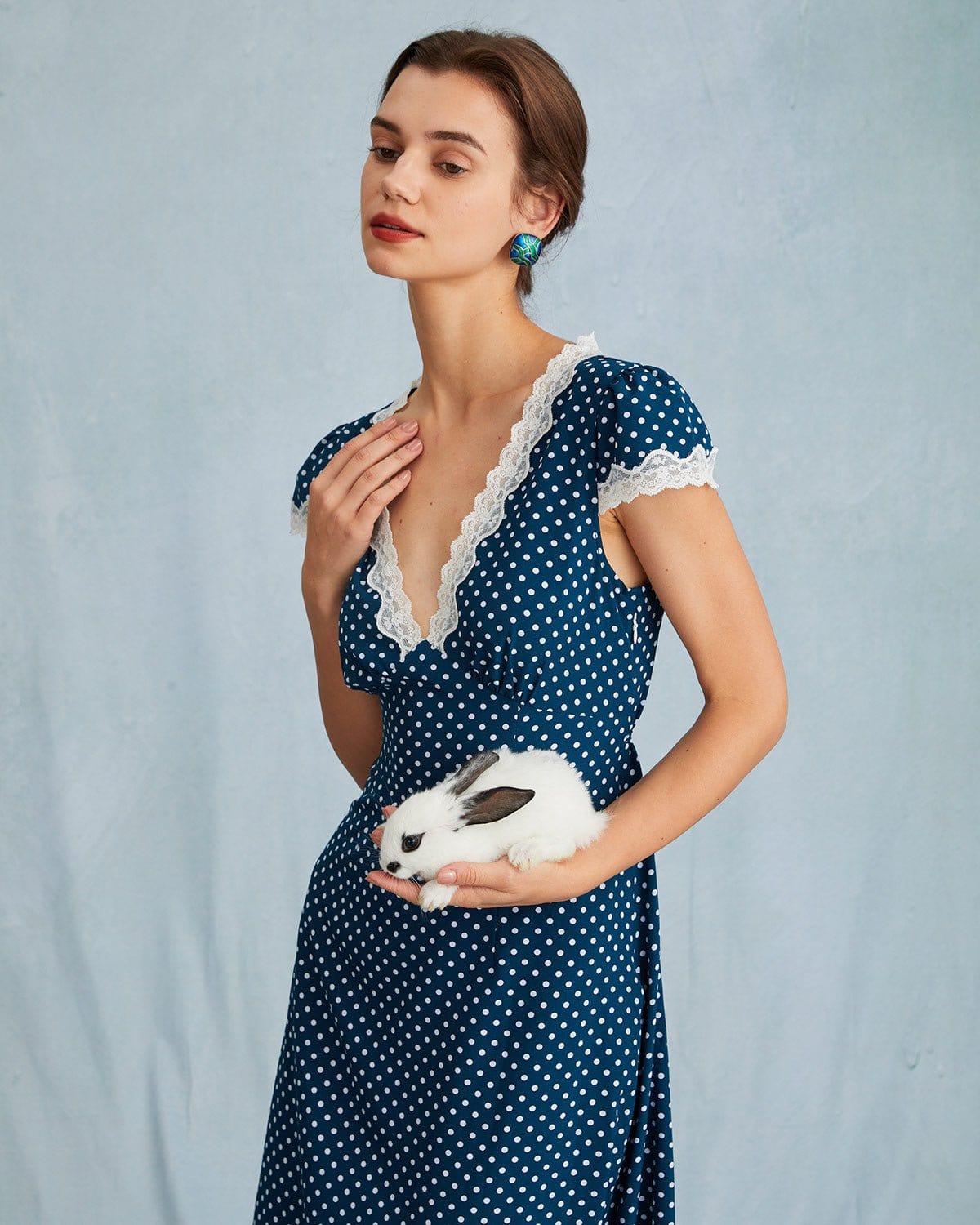 Maxct The Navy V Neck Polka Dot Lace Ruched Maxi Dress