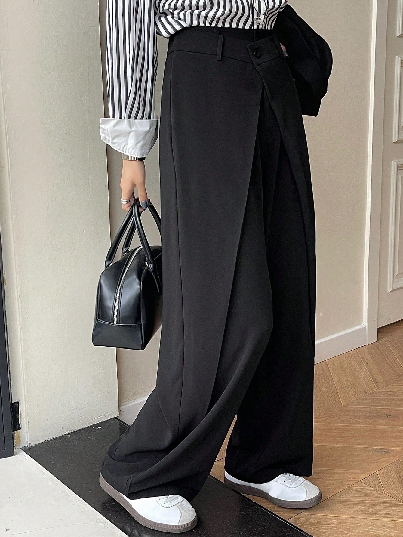 Maxct Solid Color Pleated Casual Straight Suit Pants