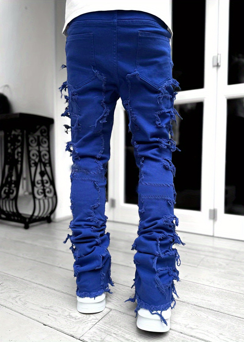 Creative Tassels Decoration Straight Fit Jeans, Men's Casual Medium Stretch Street Style Denim Pants For All Seasons