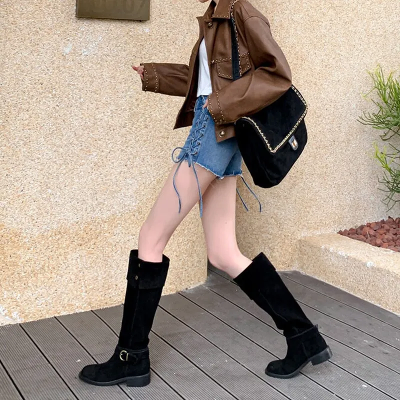 Womens Suede Knee High Boots 75mm Block Heel Maxct