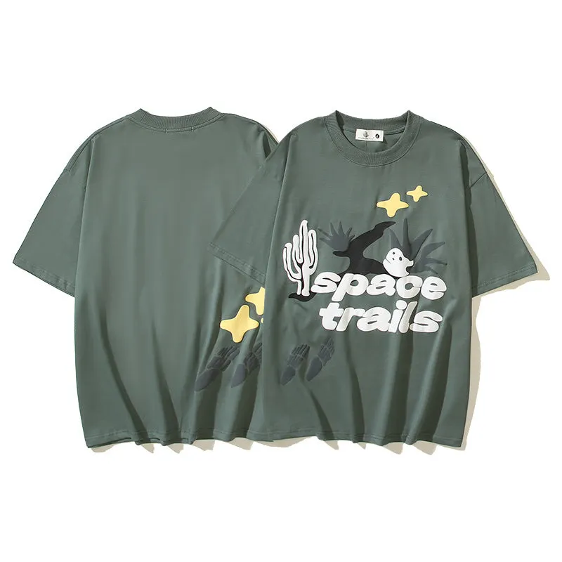 Maxct 90S Streetwear Bp American Retro Street Cartoon Letter Foam Printing Wash Men'S And Women'S Os High Street Short Sleeve T-Shirt Men'S And Women'S Same Style