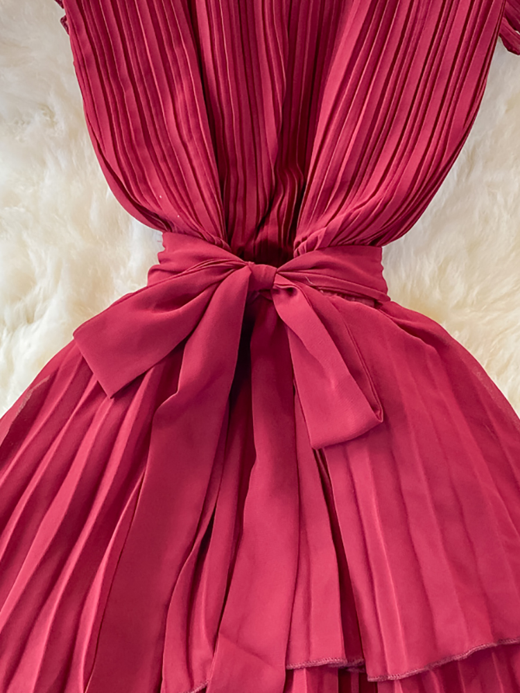 Maxct Women Purple/Pink/Green Draped Dress Vintage Ruffle Stand Collar Sleeveless High Waist Party Pleated Vestidos Female New