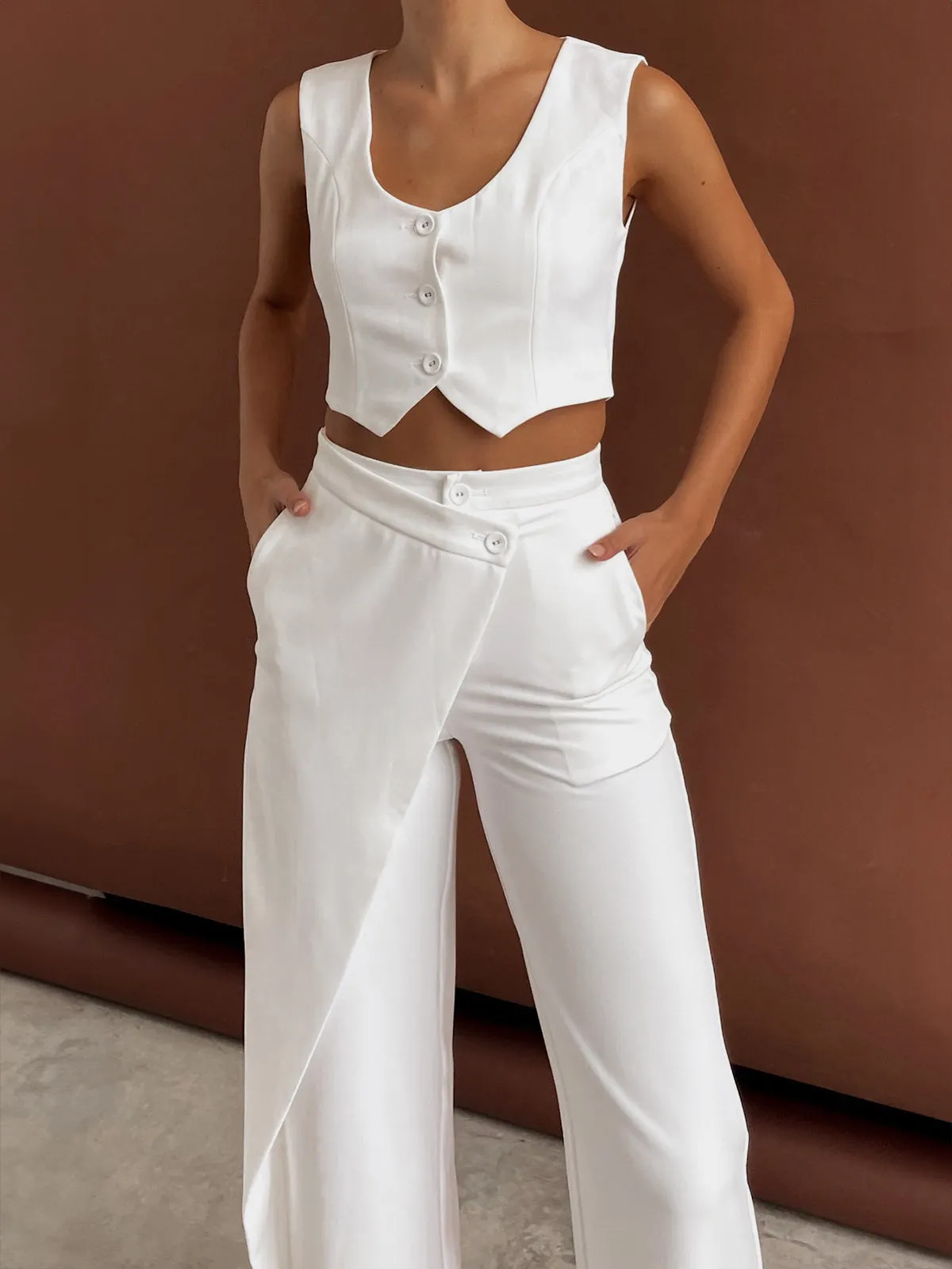 Maxct Solid  Asymmetrical Straight Leg Pants Set