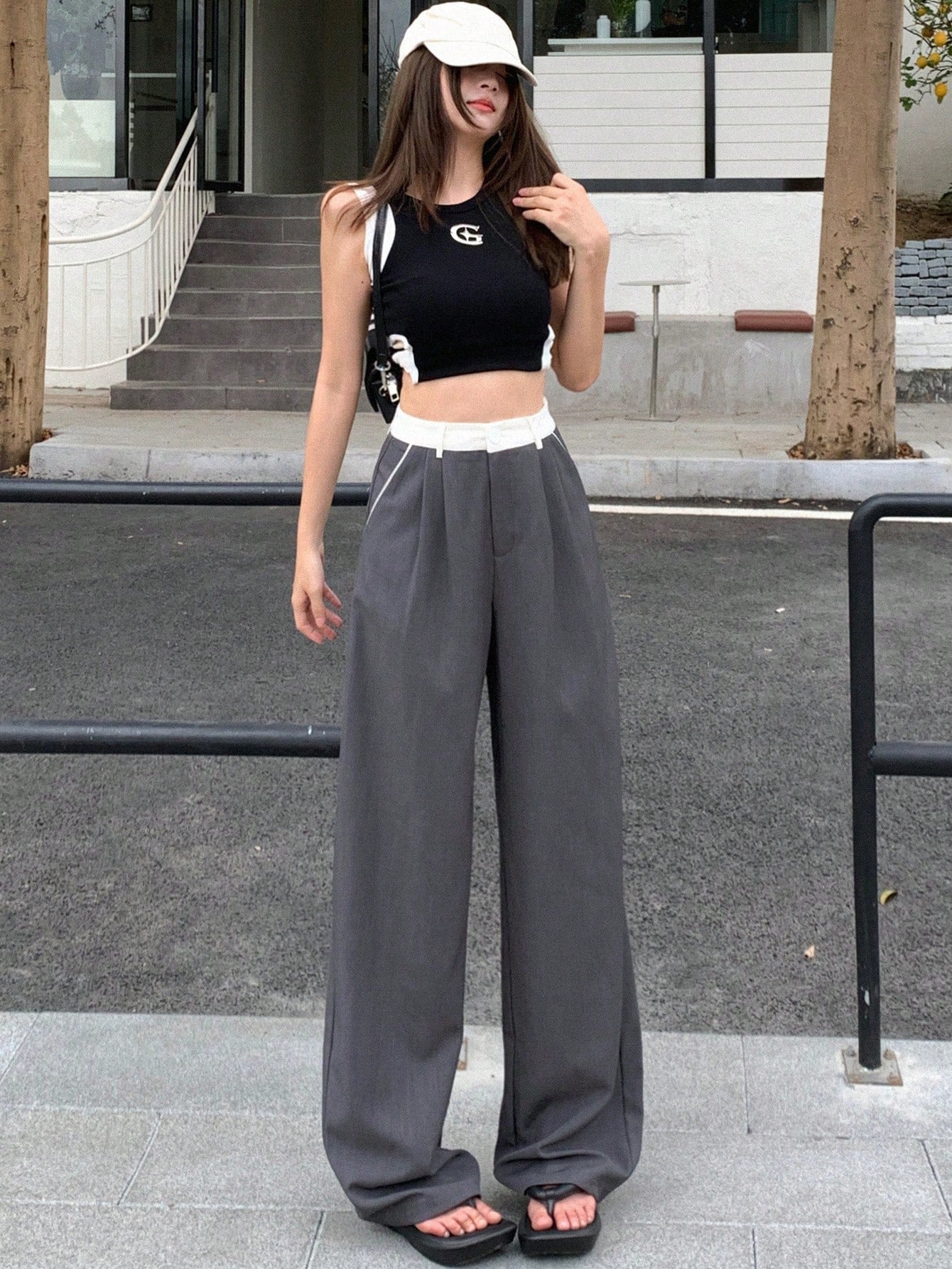 Maxct Women Colorblock Pleated Wide Leg Casual Suit Pants With Pockets - Image 2