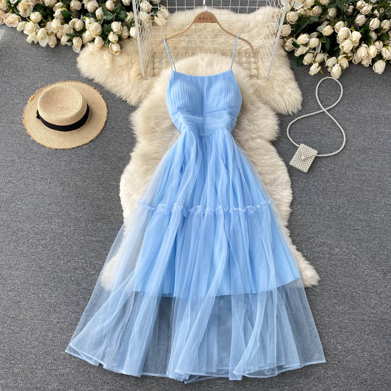 Women's Sexy Mesh Spaghetti Strap Long Dress Summer Orange/Purple/Blue/Pink Ruffle A-Line Beach Robe Female Elegant Party Vestidos