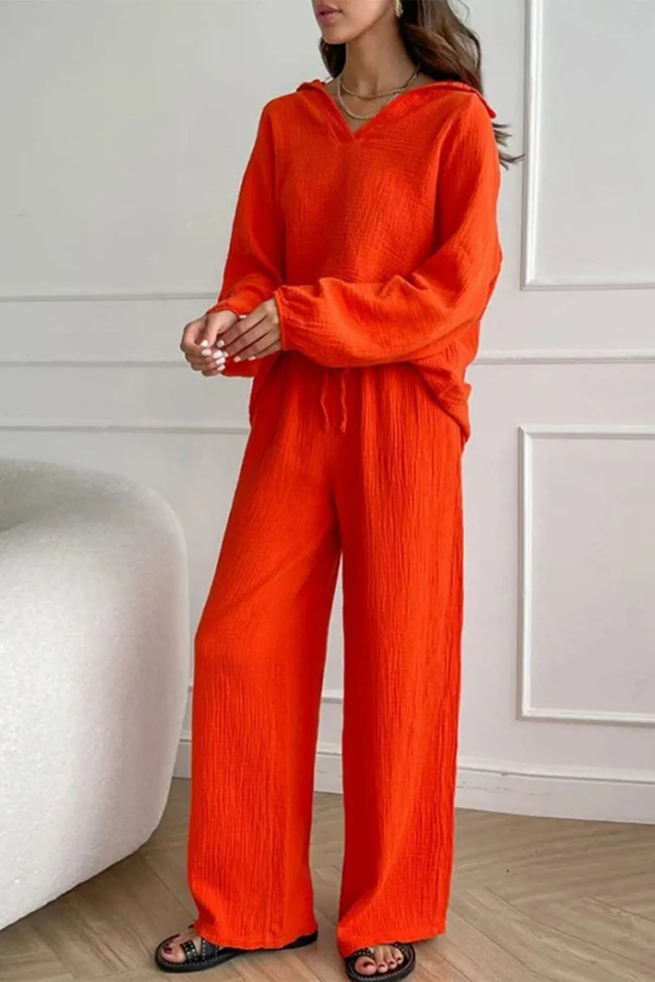 Maxct-Lapel Drawstring Wide Leg Pants Two-piece Set