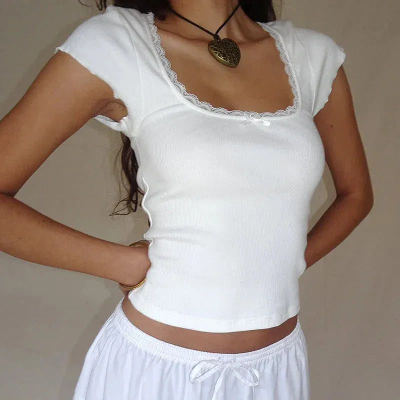 Maxct Kawaii Lace Trim T-shirt Chic Vintage Short Sleeve Rib Knitted Tees Shirt Elegant Women Fairy Cottage Y2K Crop Tops Clothes