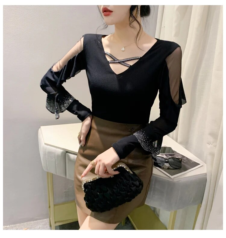 Maxct Spring Summer T-shirts Women V-neck Ruffles Long Sleeve Solid Mesh Elastic Tops Tees Female Fashion Diamonds T Shirt