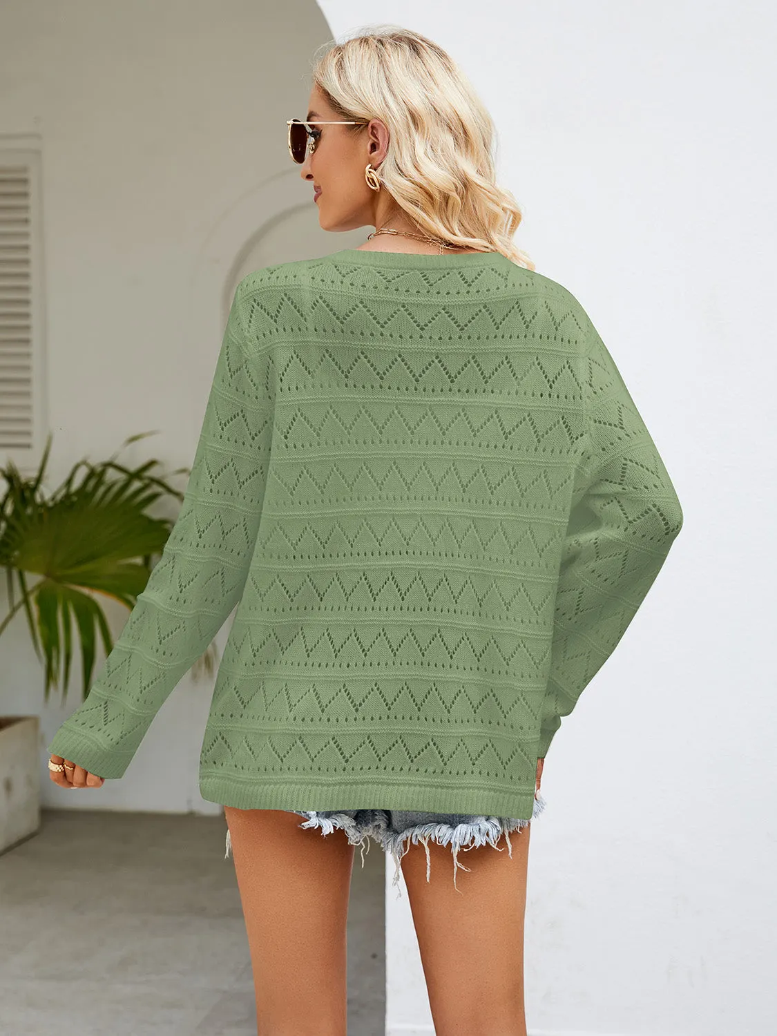 Maxct &Round Neck Openwork Long Sleeve Knit Top