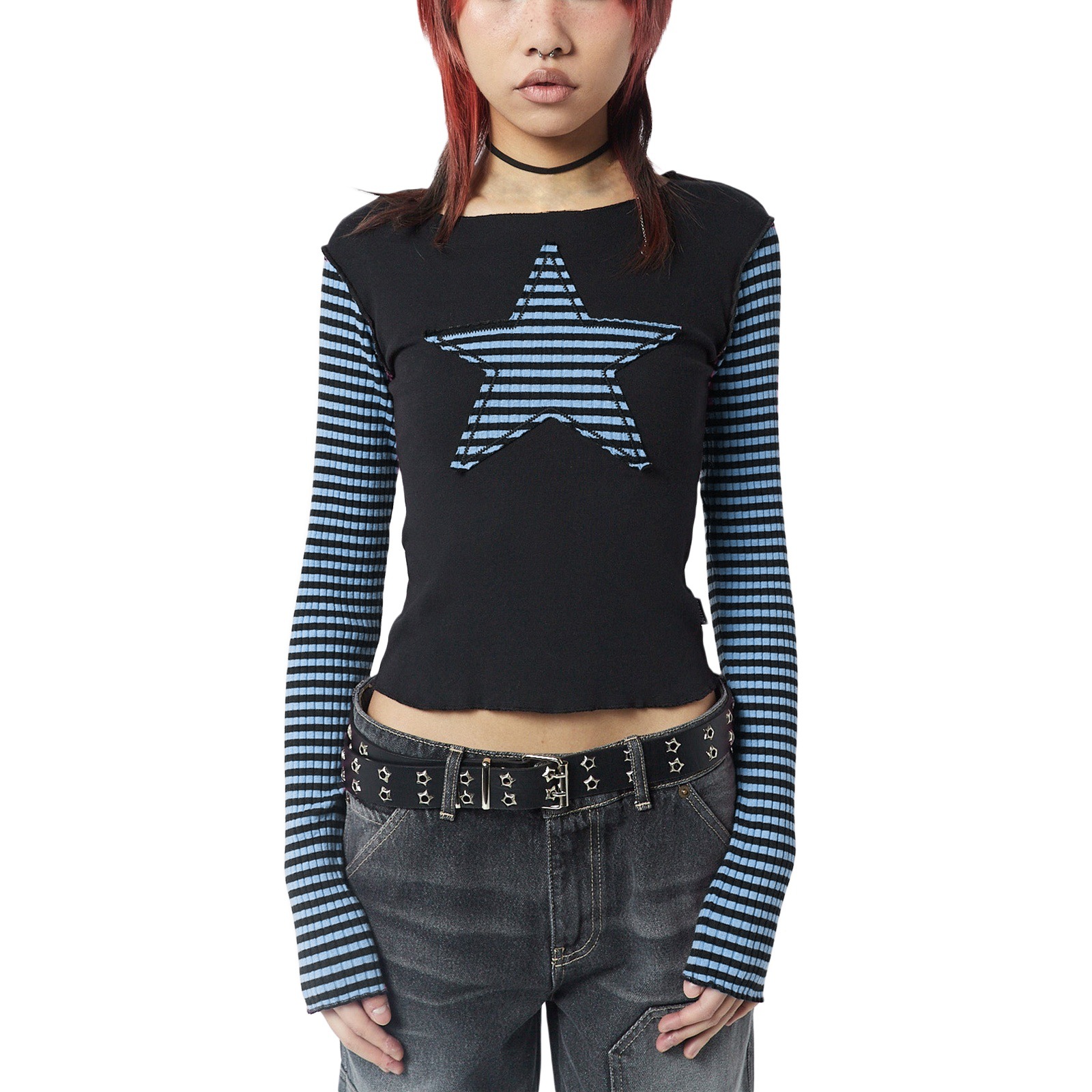 Maxct 90s streetwear Y2K Star Striped Sweet Cool Women's Long Sleeve Striped Stitching T-shirt Five-Pointed Star Embroidered Casual Top 3324